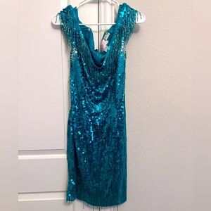 Nadine Green Sequence Fringe Flapper Gatsby Cocktail Dress - Large